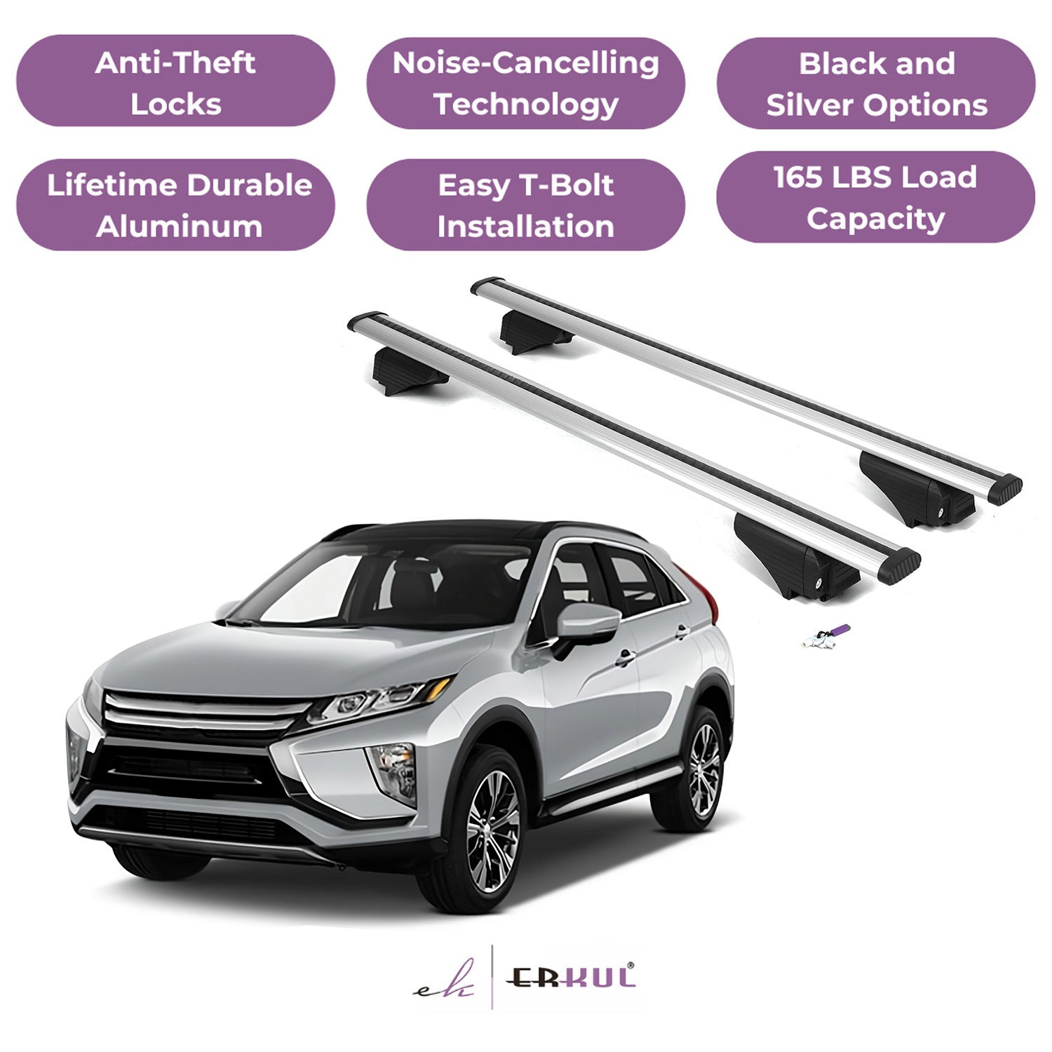 ERKUL Roof Rack Cross Bars for Mitsubishi Eclipse Cross 2018-2025 - Silver
