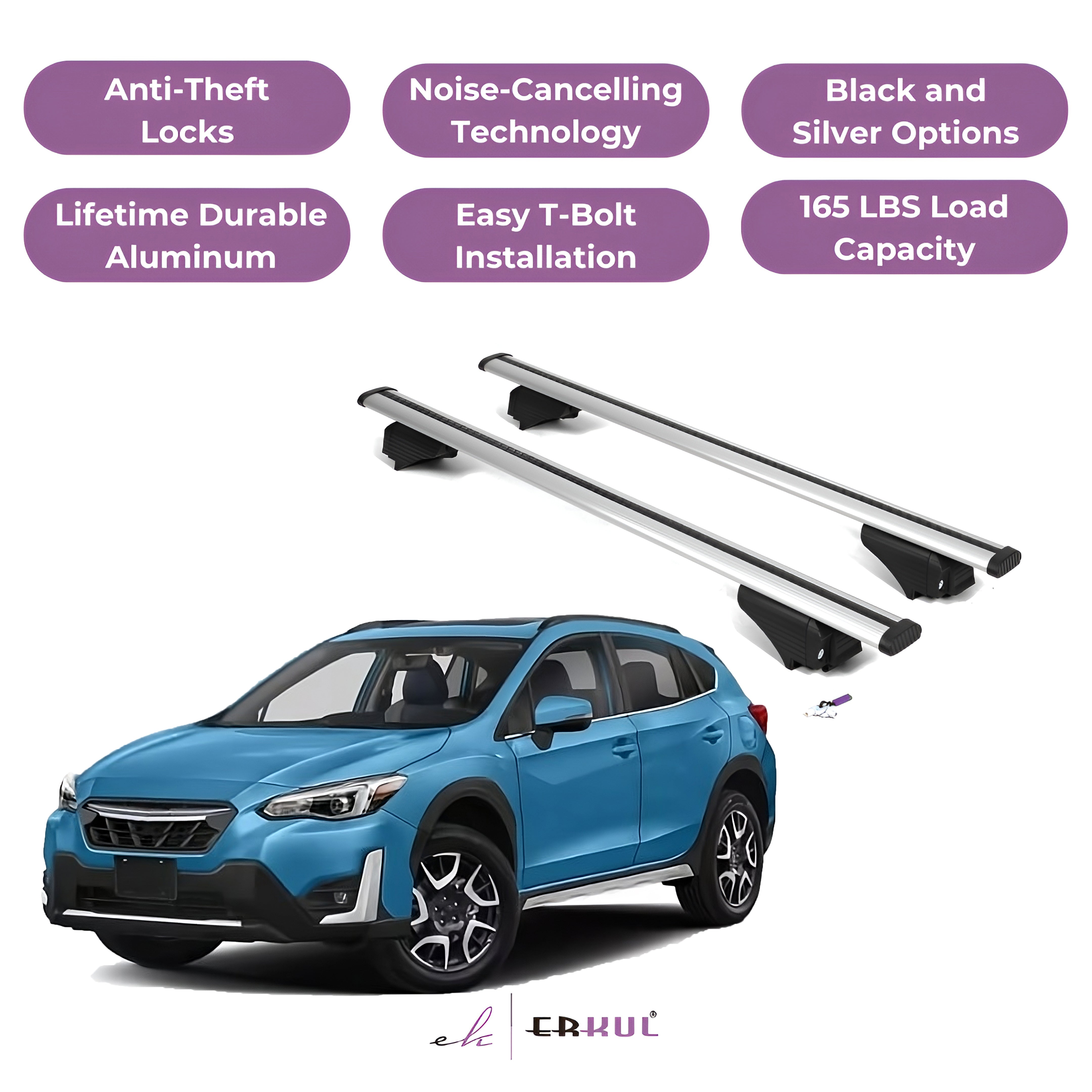Roof Rack Cross Bars with Extended Bar Design for Subaru Crosstrek Hybrid 2019-2023 - Silver