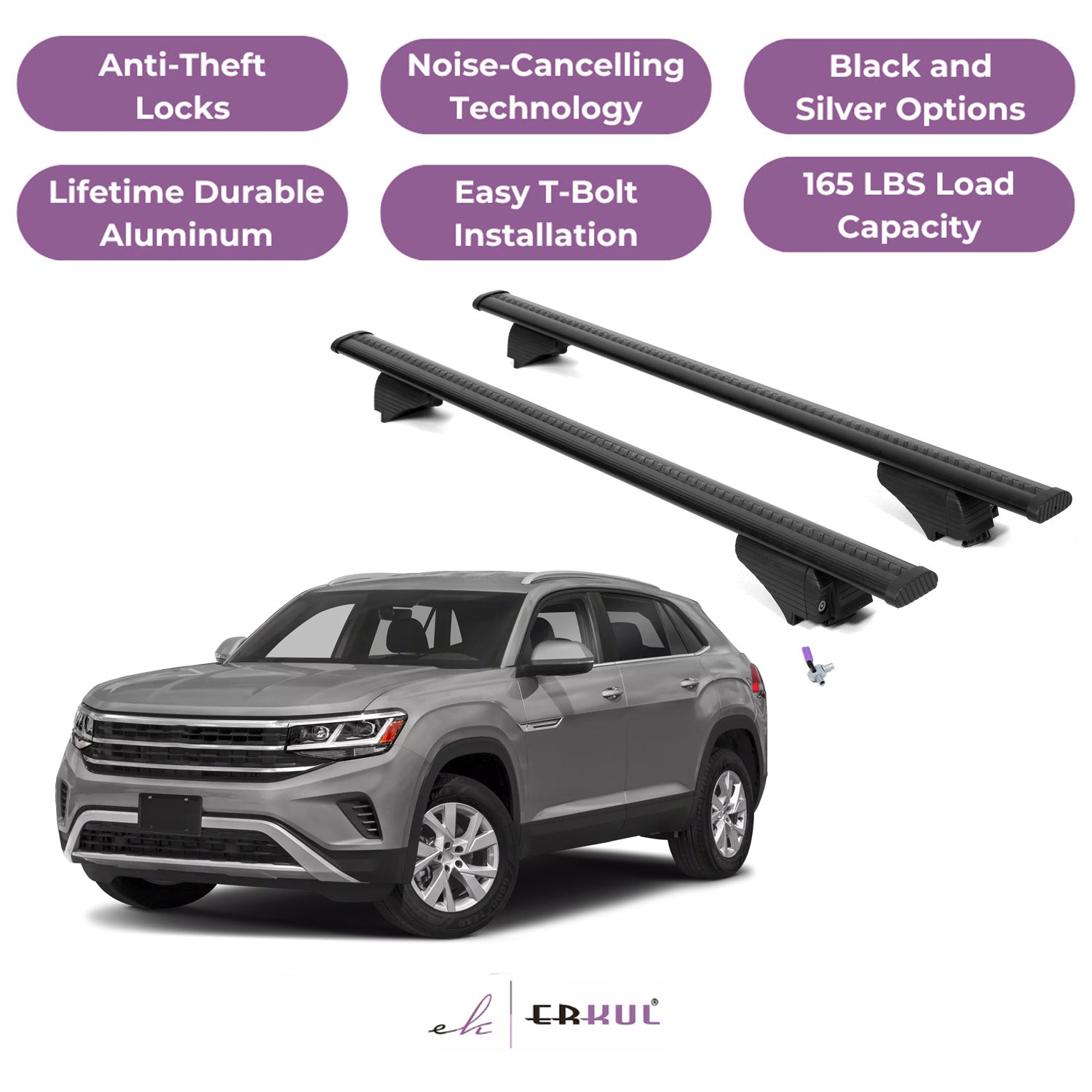 Roof Rack Cross Bars with Extended Bar Design for VW Volkswagen Atlas Cross Sport 2020-2025 - Black