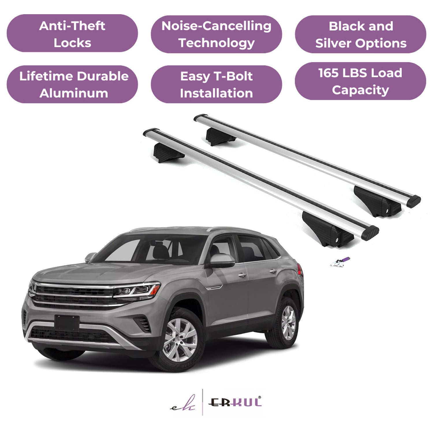 Roof Rack Cross Bars with Extended Bar Design for Volkswagen Atlas Cross Sport 2020-2025 - Silver