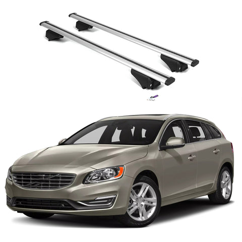 ERKUL Roof Rack Cross Bars for Volvo V60 2015-2018 | Aluminum Crossbars with Anti Theft Lock for Rooftop | Compatible with Flush Rails - Silver