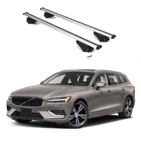 ERKUL Roof Rack Cross Bars for Volvo V60 2019-2024 | Aluminum Crossbars with Anti Theft Lock for Rooftop | Compatible with Flush Rails - Silver