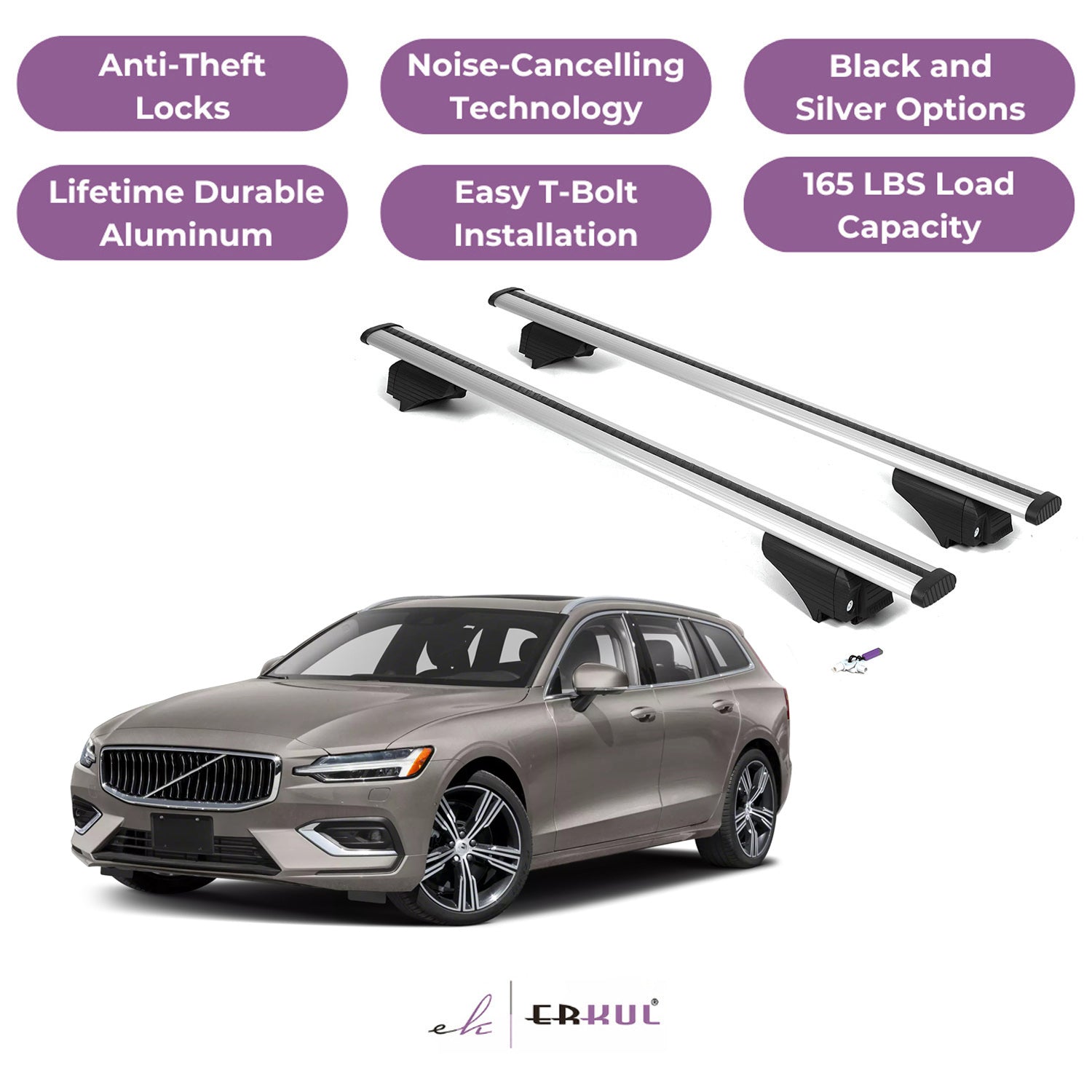 ERKUL Roof Rack Cross Bars for Volvo V60 2019-2025 with Flush Rails - Silver