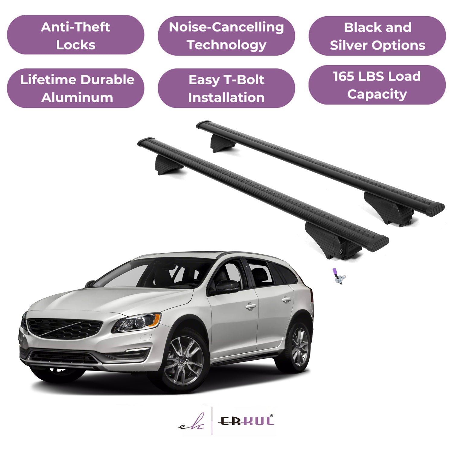 Roof Rack Cross Bars with Extended Bar Design for Volvo V60 Cross Country 2015-2018 - Black