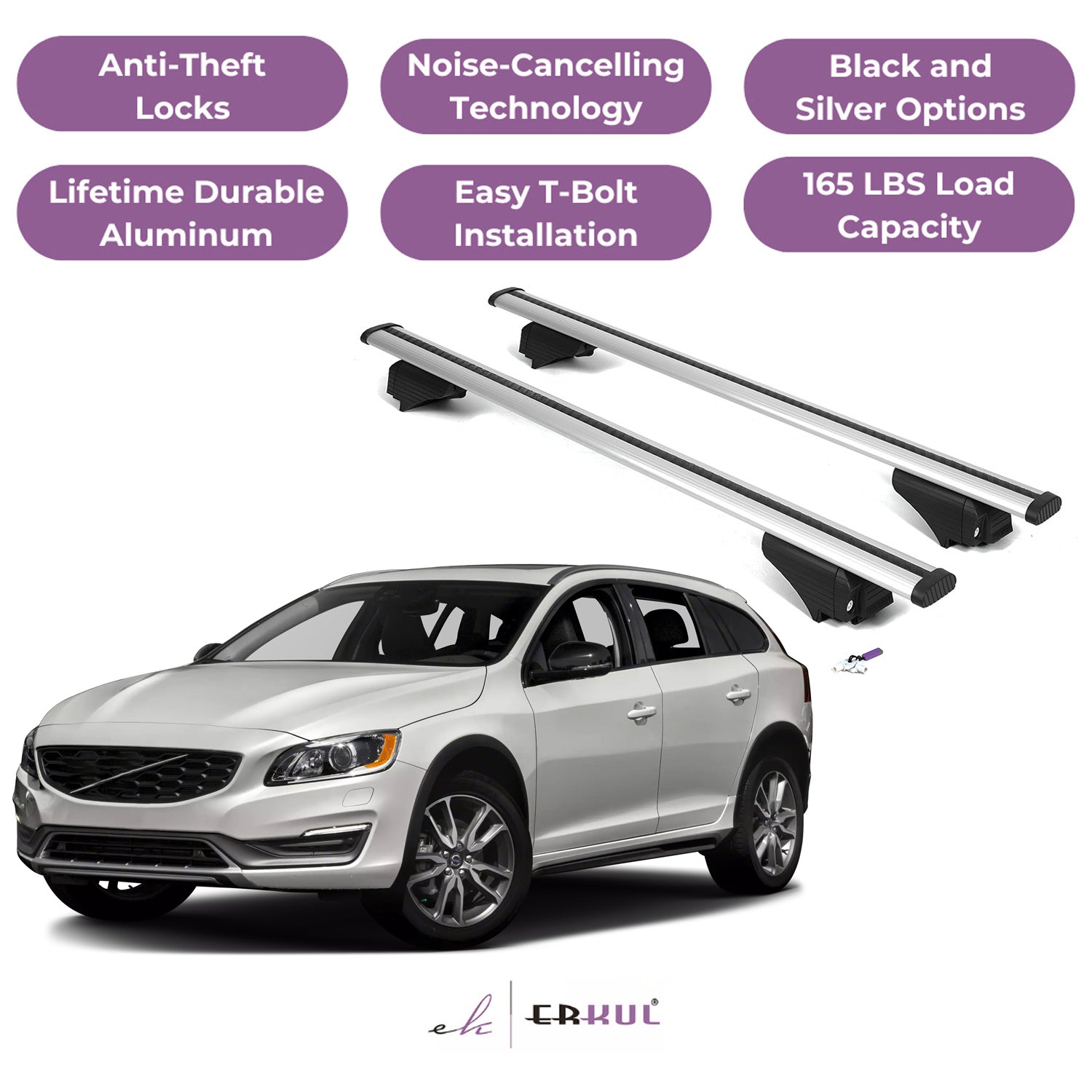 Roof Rack Cross Bars with Extended Bar Design for Volvo V60 Cross Country 2015-2018 - Silver