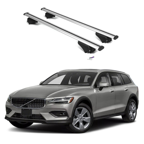 ERKUL Roof Rack Cross Bars for Volvo V60 Cross Country 2019-2024 | Aluminum Crossbars with Anti Theft Lock for Rooftop | Compatible with Flush Rails - Silver