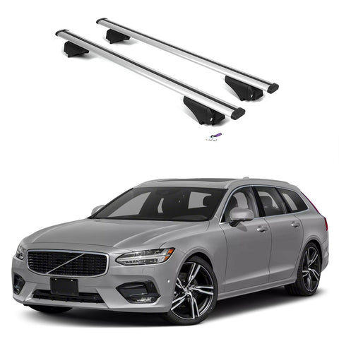 ERKUL Roof Rack Cross Bars for Volvo V90 2017-2022 | Aluminum Crossbars with Anti Theft Lock for Rooftop | Compatible with Flush Rails - Silver