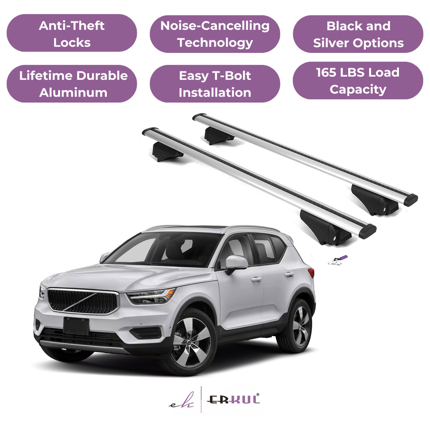 ERKUL Roof Rack Cross Bars for Volvo XC40 2019-2025 with Flush Rails - Silver