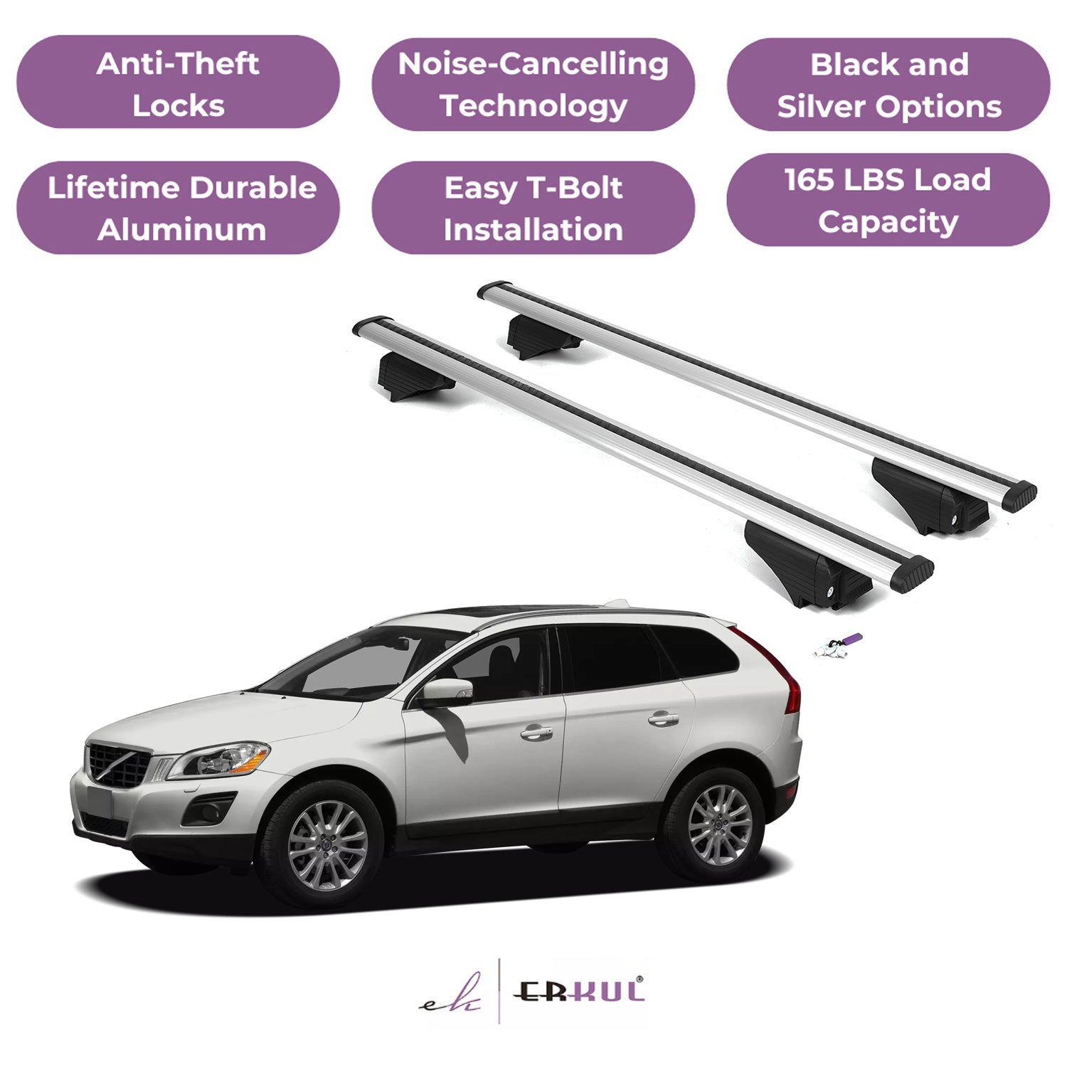 Roof Rack Cross Bars with Extended Bar Design for Volvo XC60 2009-2017  - Silver