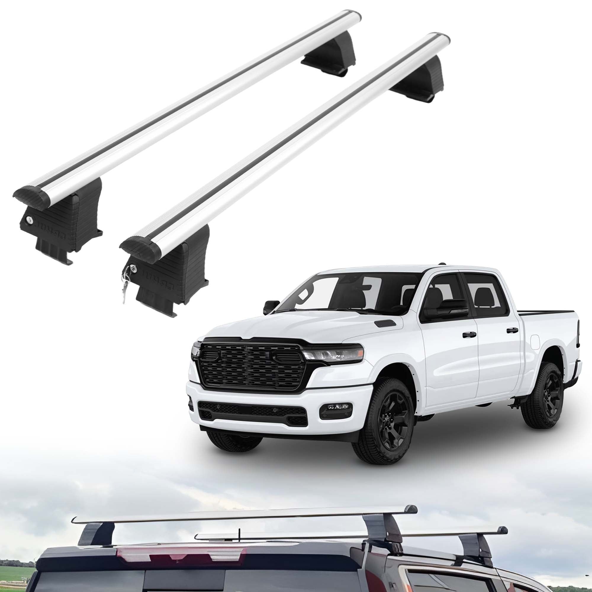 ERKUL Roof Rack Crossbars For DODGE RAM 1500 2019-2026 Naked Roof Aluminum Silver