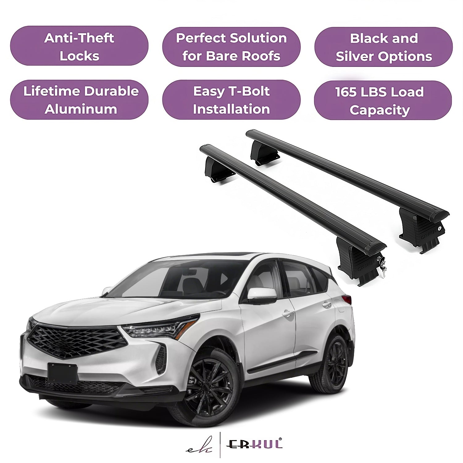 ERKUL Roof Rack Crossbars Fits Acura RDX 2019-2025 Naked Roof Aluminum Black