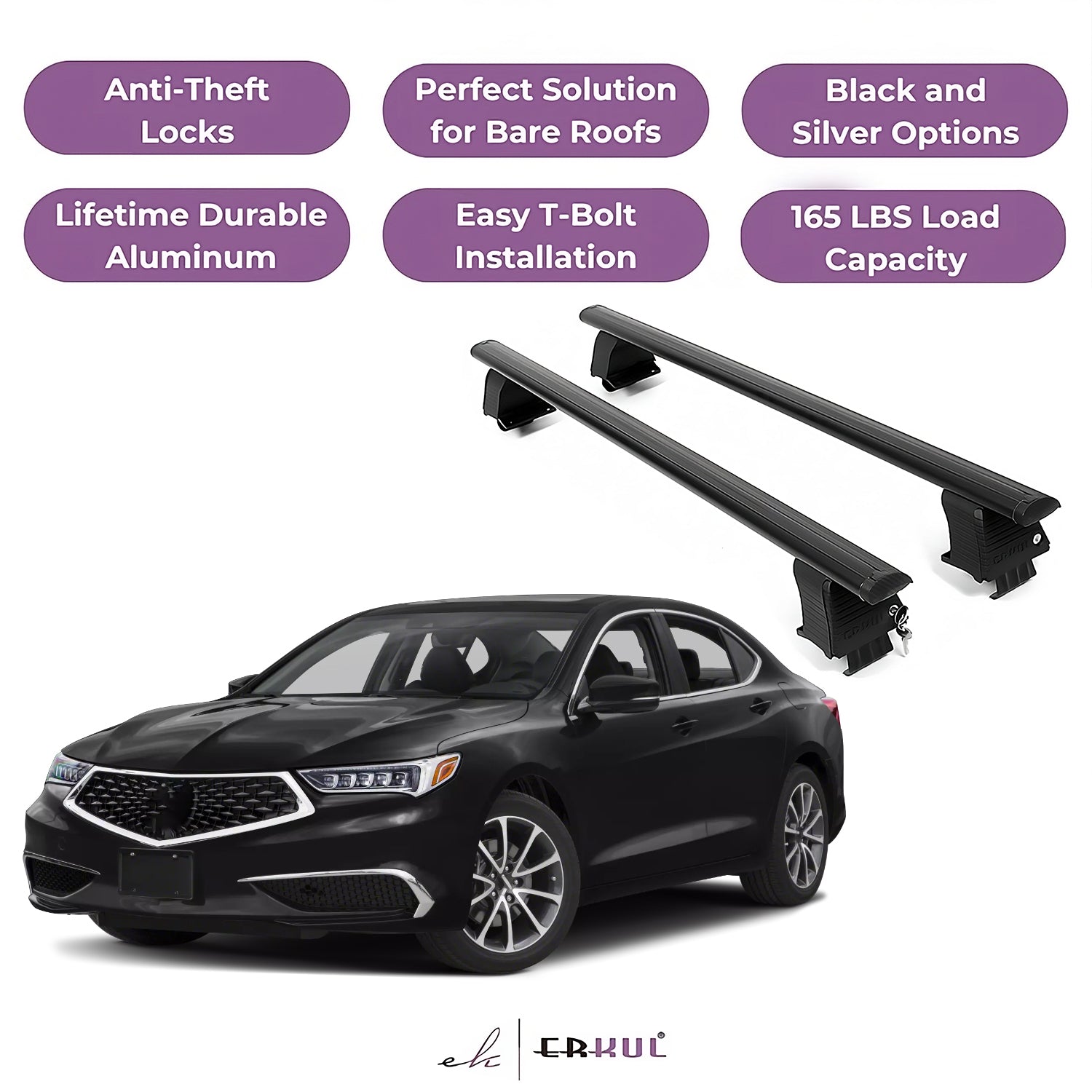 ERKUL Roof Rack Crossbars Fits Acura TLX 2015-2020 Naked Roof Aluminum Black