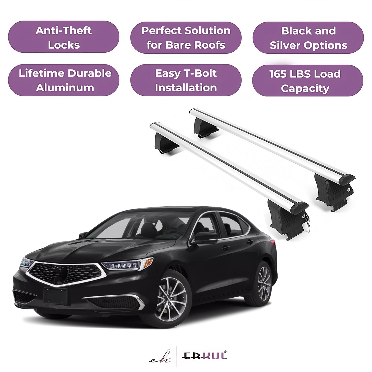 ERKUL Roof Rack Crossbars Fits Acura TLX 2015-2020 Naked Roof Aluminum Silver