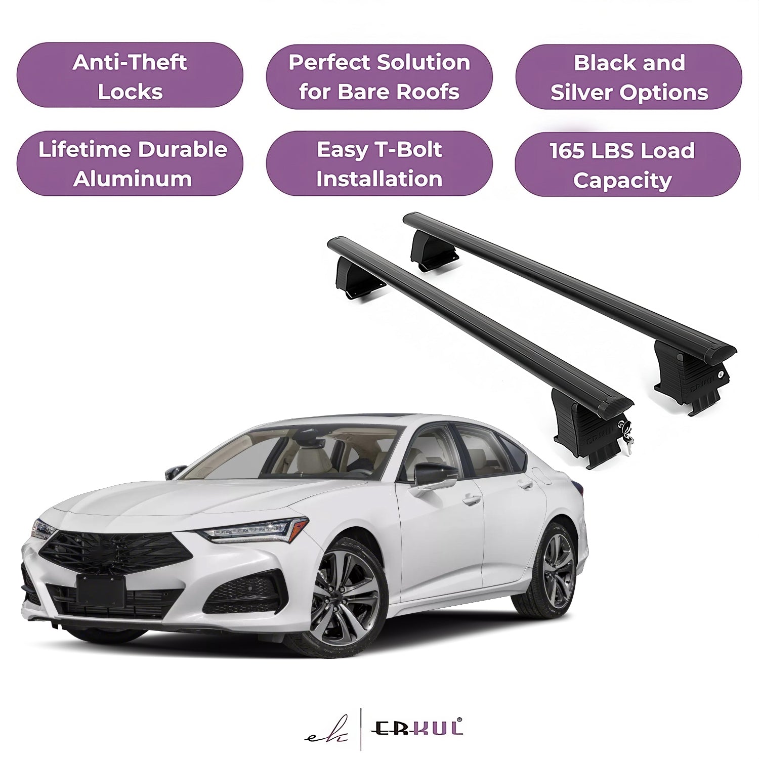 ERKUL Roof Rack Crossbars Fits Acura TLX 2021-2025 Naked Roof Aluminum Black