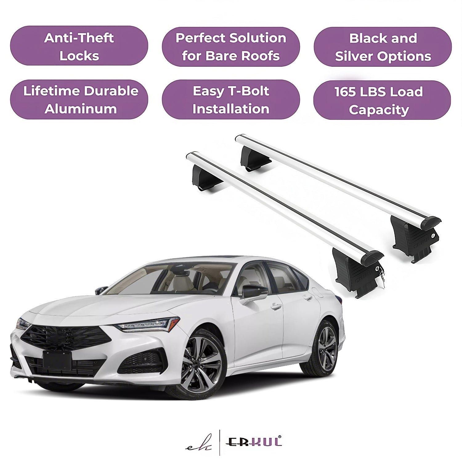 ERKUL Roof Rack Crossbars Fits Acura TLX 2021-2025 Naked Roof Aluminum Silver