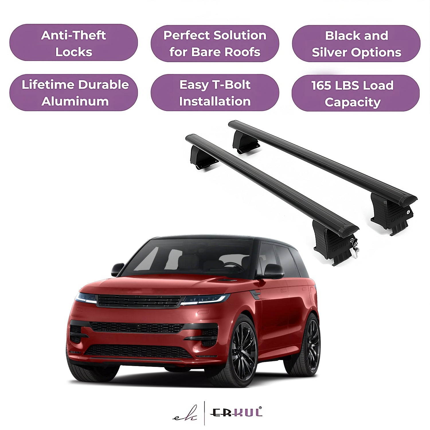 ERKUL Roof Rack Crossbars Fits Range Rover Sport 23-25 Naked Roof Aluminum Black