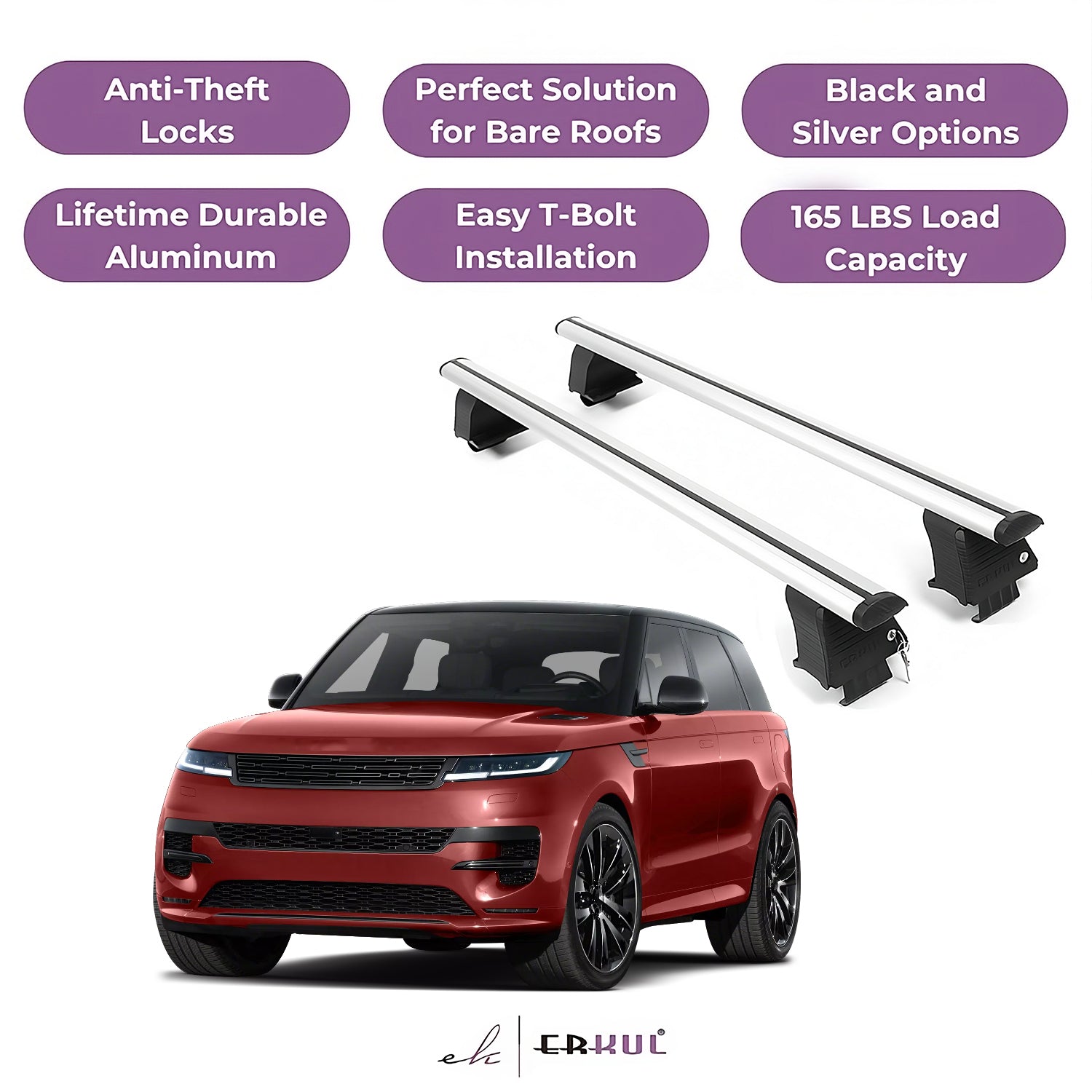 ERKUL Roof Rack Crossbars Fit Range Rover Sport 23-25 Naked Roof Aluminum Silver