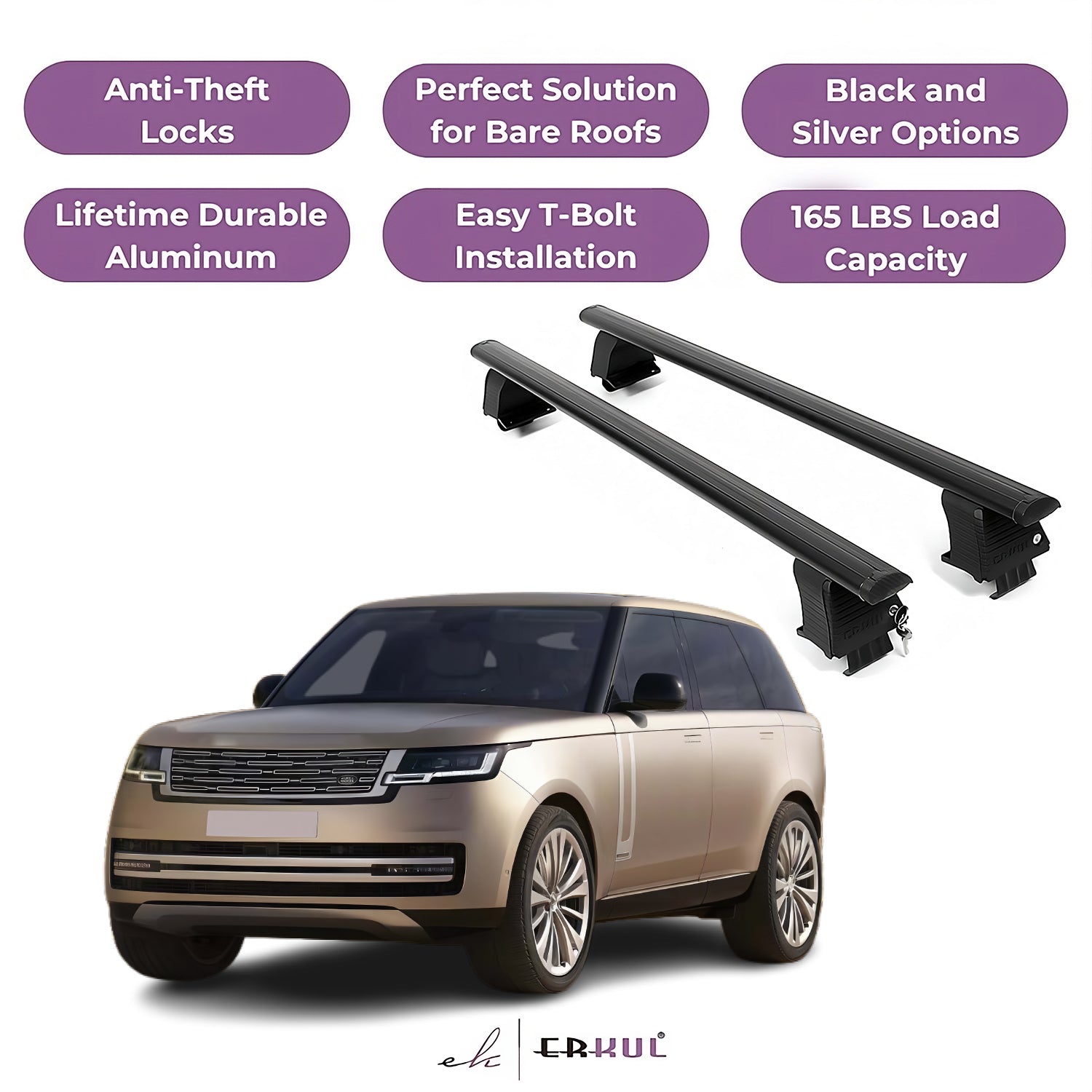 ERKUL Roof Rack Crossbars Fits Range Rover 2023-2025 Naked Roof Aluminum Black