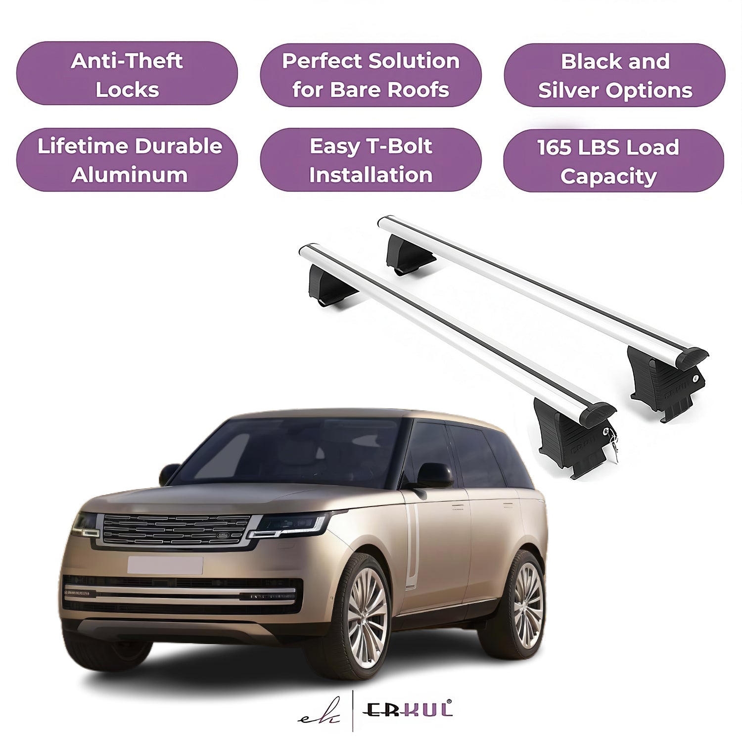 ERKUL Roof Rack Crossbars Fits Range Rover 2023-2025 Naked Roof Aluminum Silver