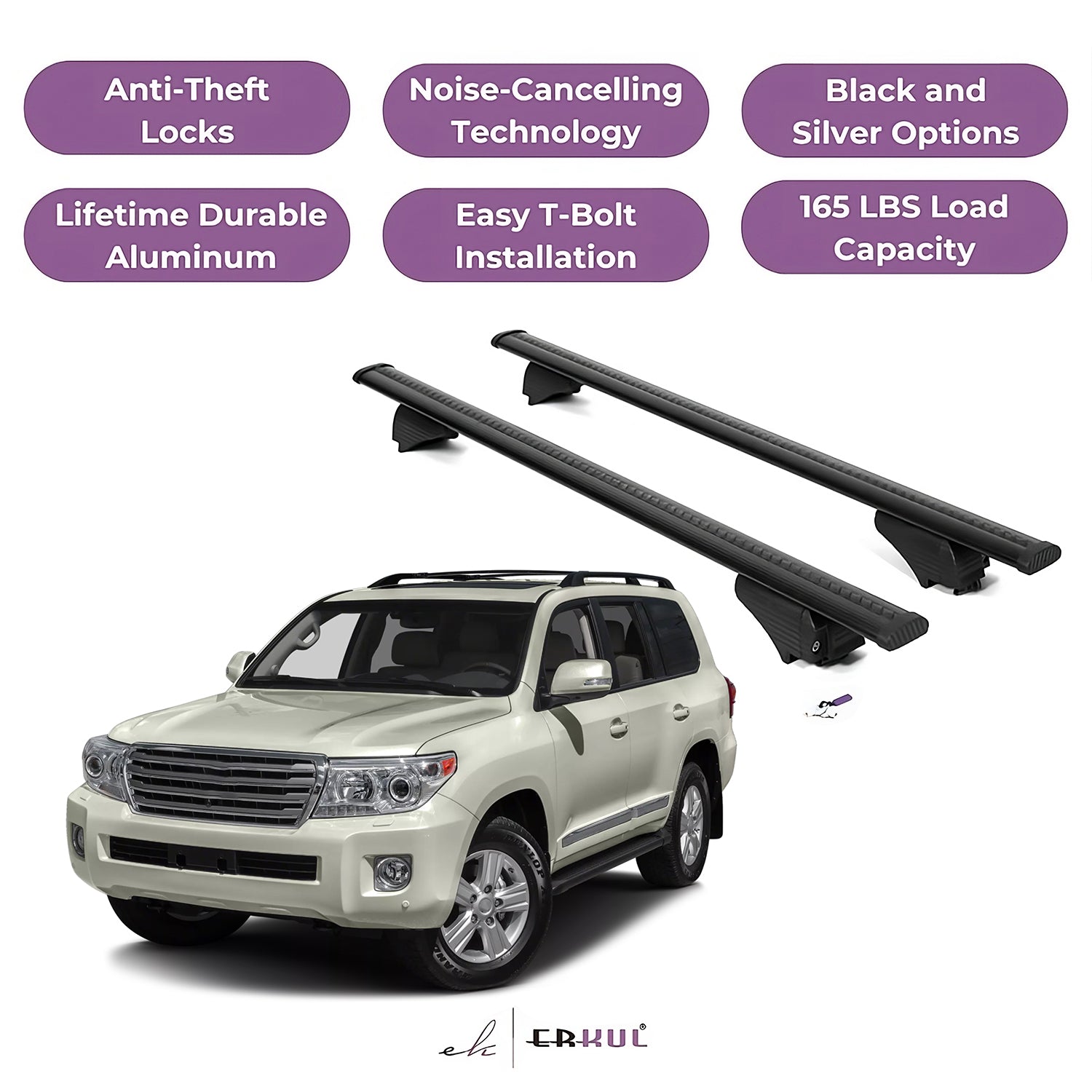 Roof Rack Cross Bars with Extended Bar Design for Toyota Land Cruiser 1992-2023 - Black