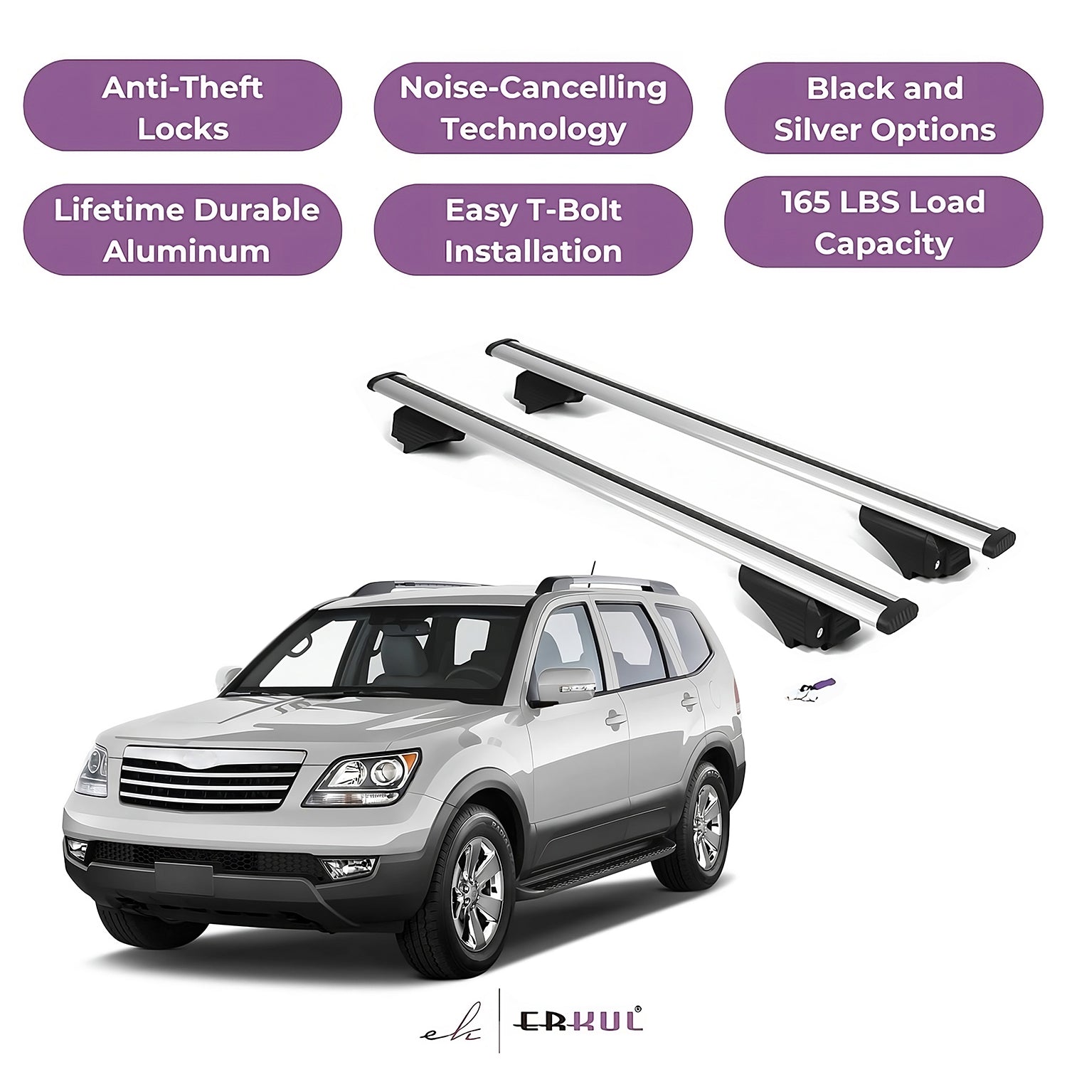 ERKUL Roof Rack Cross Bars for Kia Borrego 2009 for Raised Rails - Silver