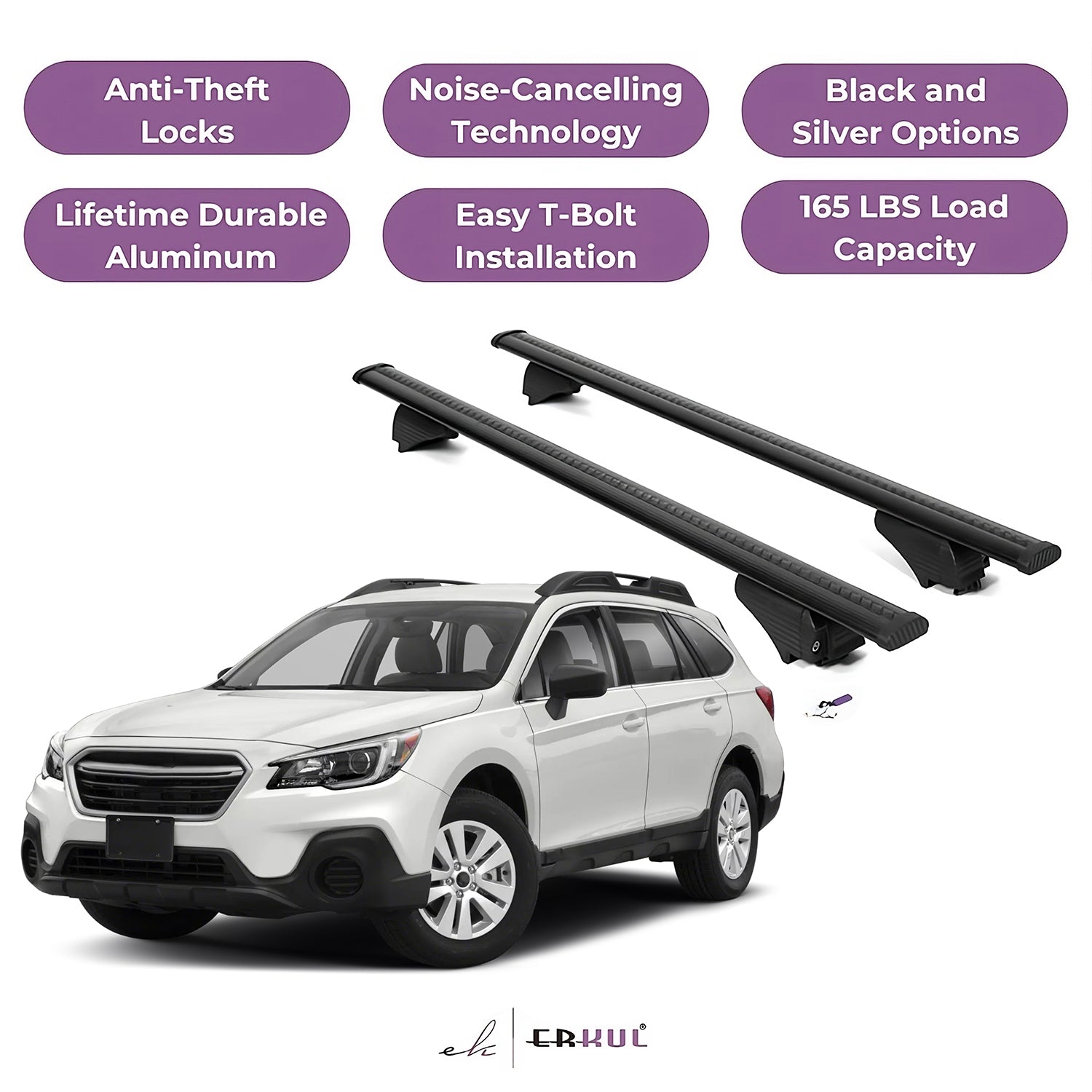 ERKUL Roof Rack Cross Bars for Subaru Outback 2015-2019 for Raised Rails - Black