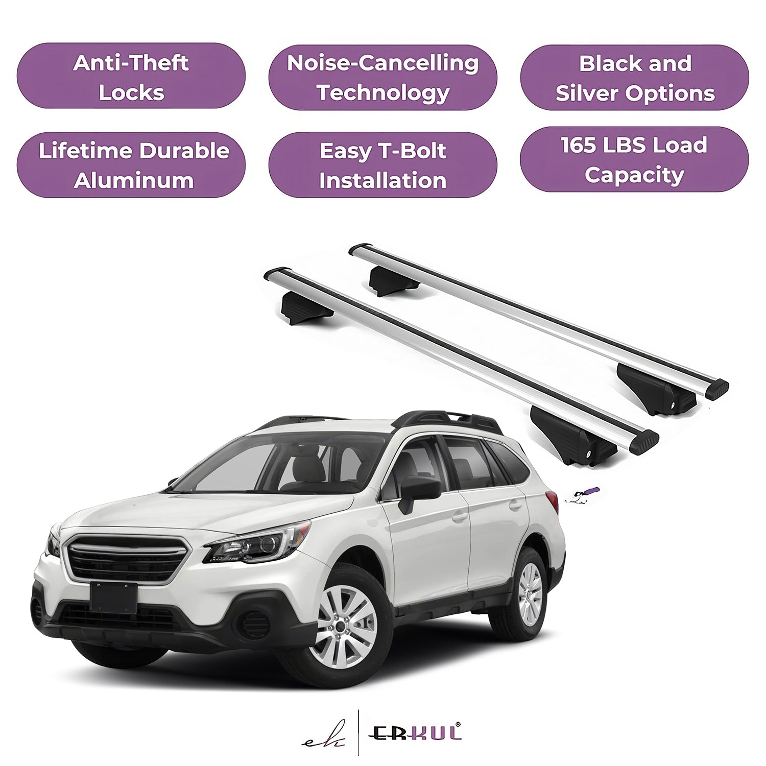ERKUL Roofrack Cross Bars for Subaru Outback 2015-2019 for Raised Rails - Silver