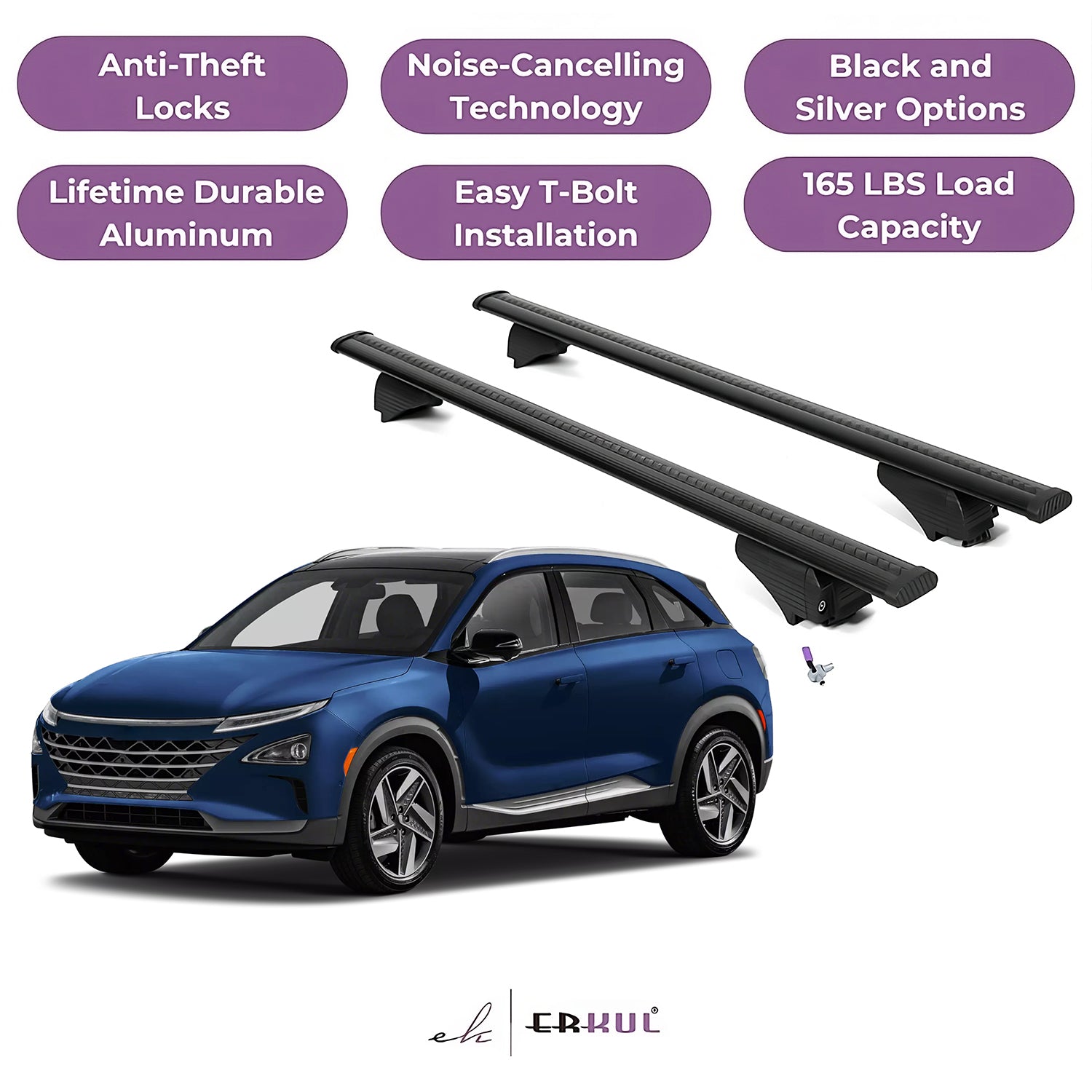 Roof Rack Cross Bars with Extended Bar Design for Hyundai NEXO 2019-2023  - Black