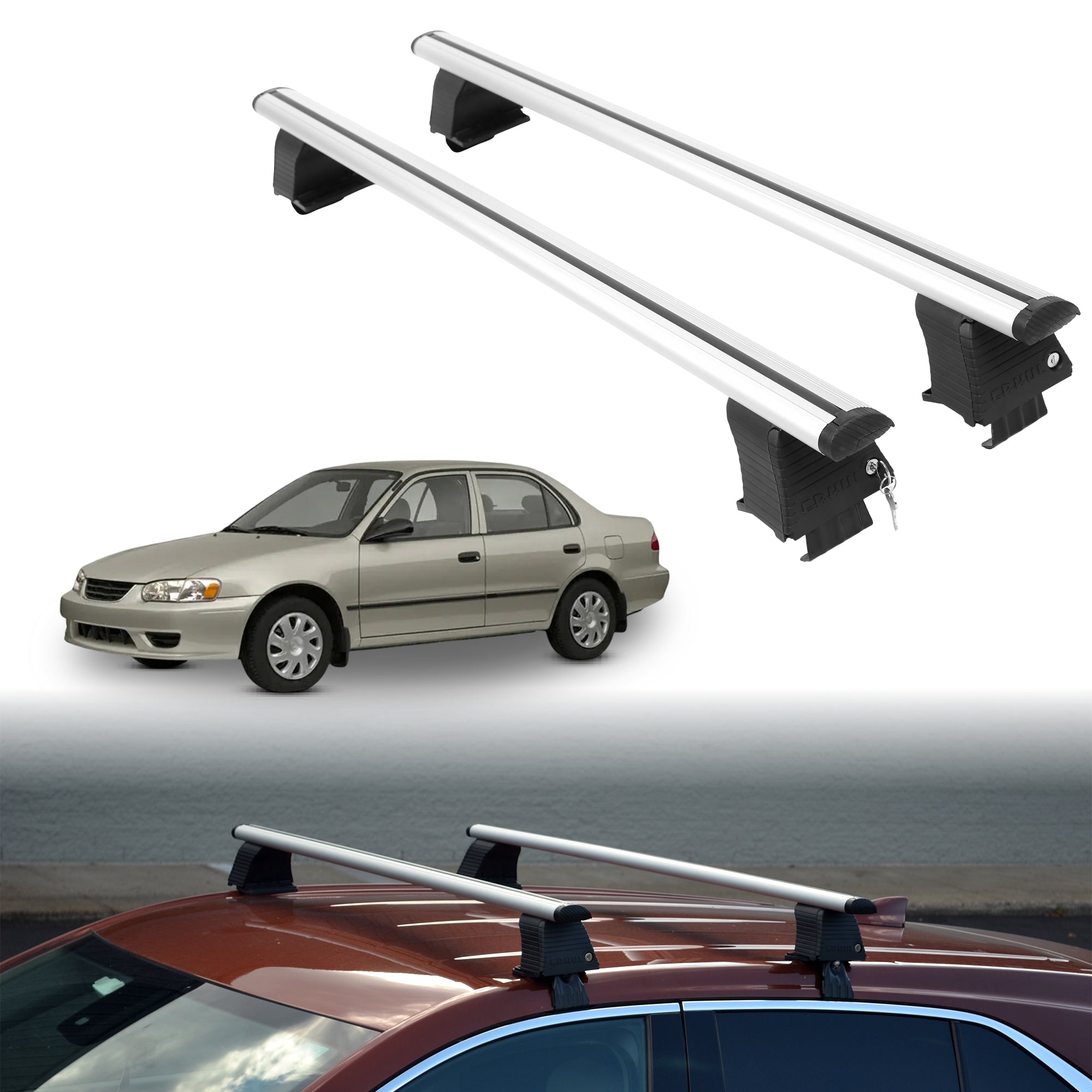Roof Rack Crossbars for Toyota Corolla 1992-2003 Fits Naked Roof - Silver