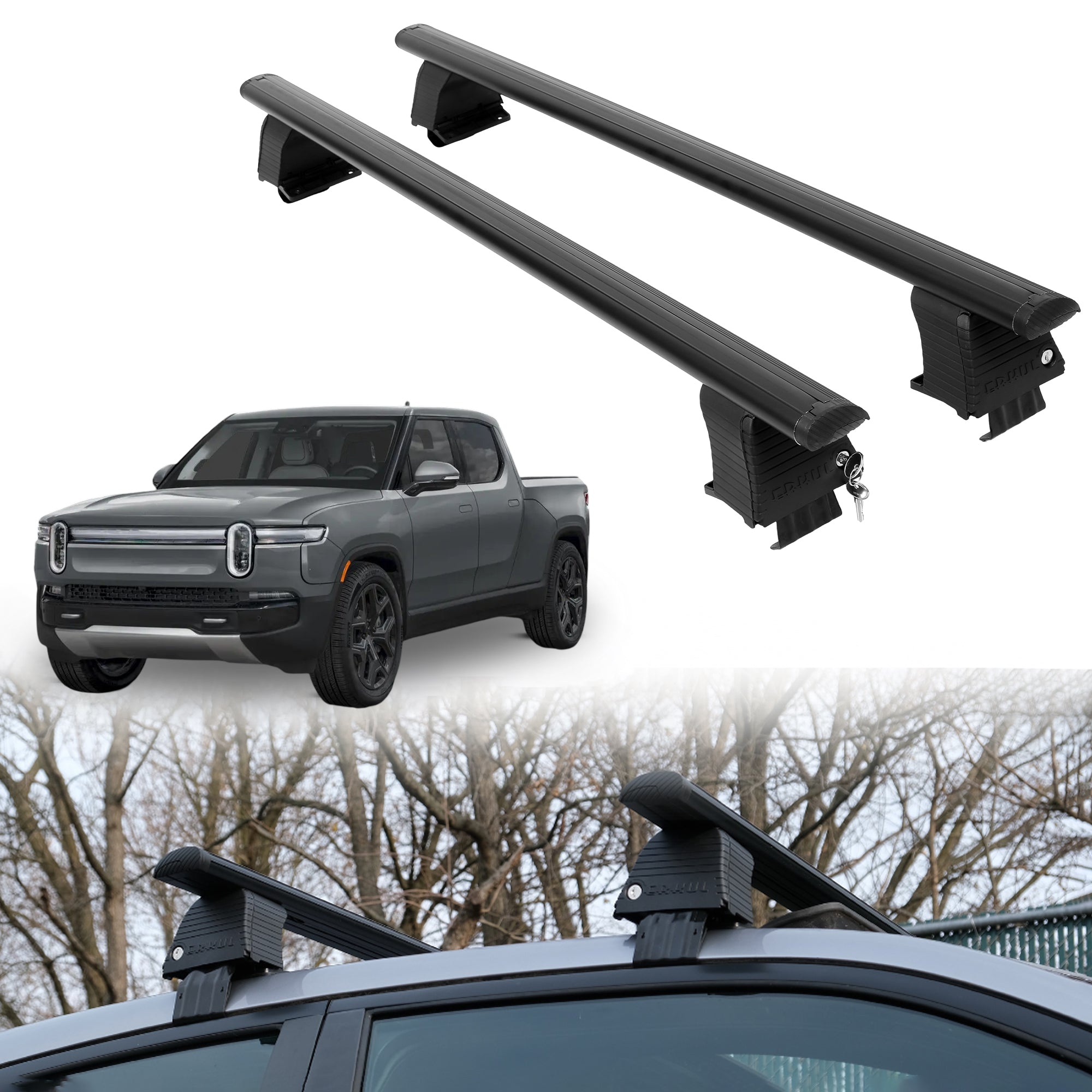 Roof Rack Crossbars for Rivian R1T 2022-2026 Fits Naked Roof - Black