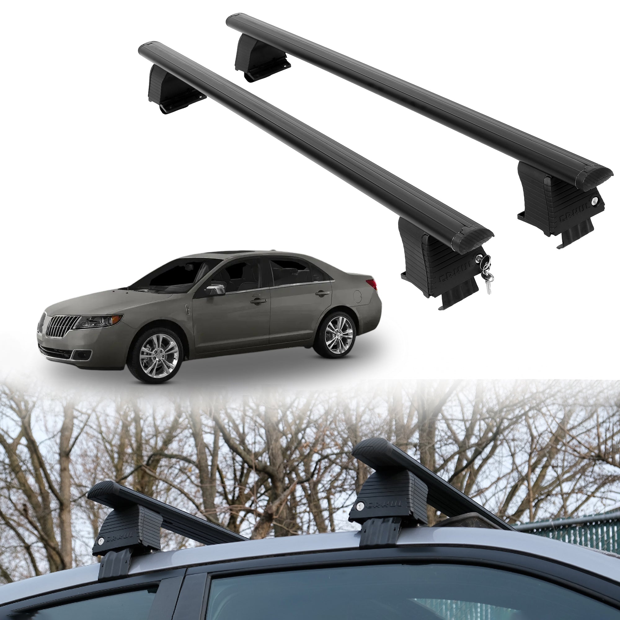 Roof Rack Crossbars for Lincoln MKZ 2007-2012 Fits Naked Roof - Black