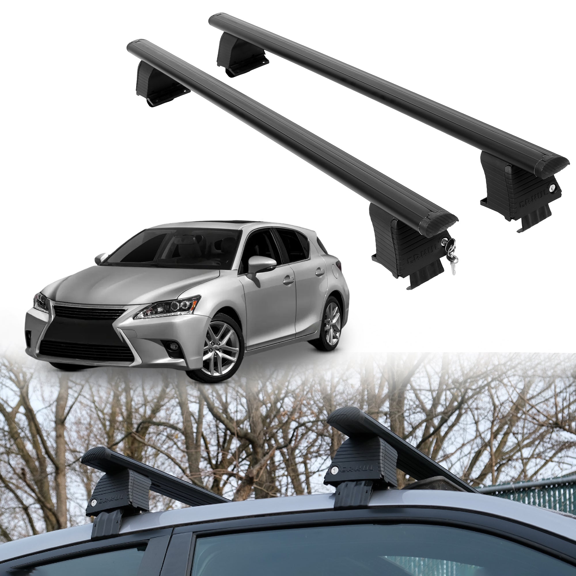 Roof Rack Crossbars for Lexus CT 200h 2011-2017 Fits Naked Roof - Black