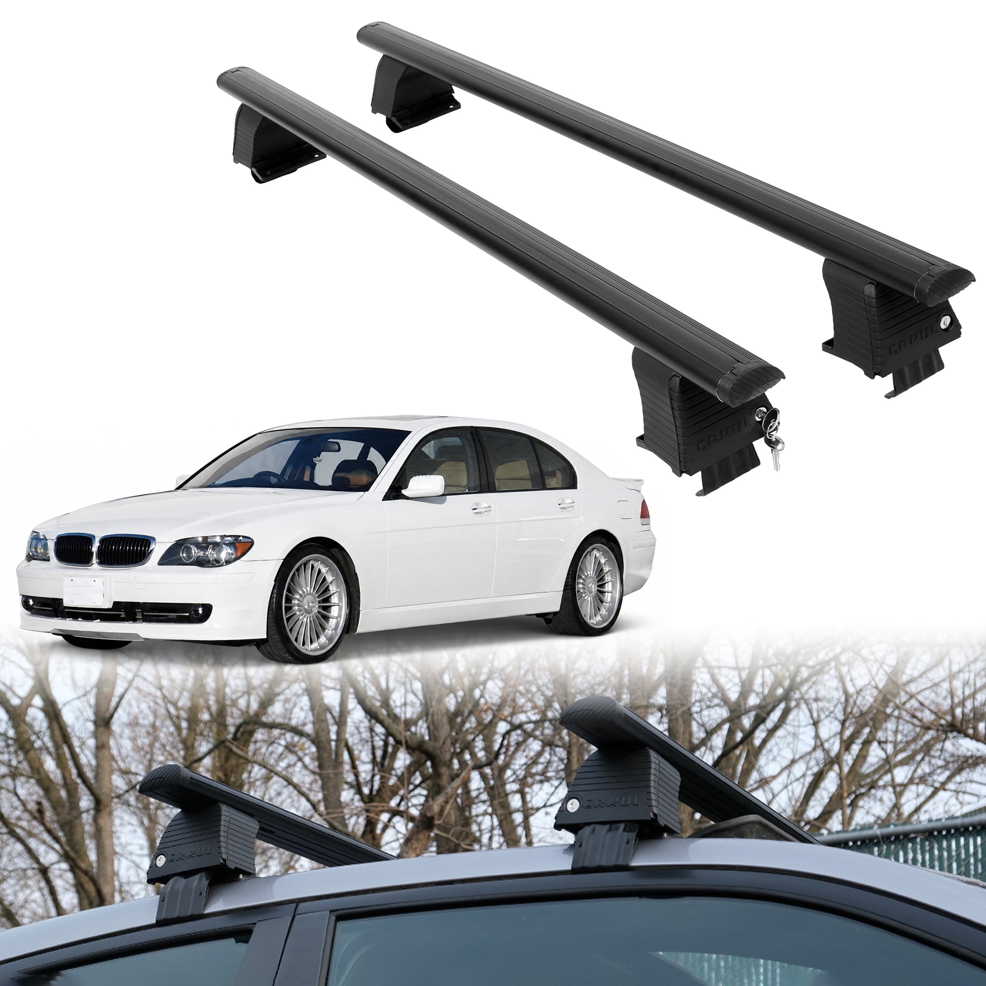 Roof Rack Crossbars for BMW Alpina B7 2007-2008 Fits Naked Roof - Black