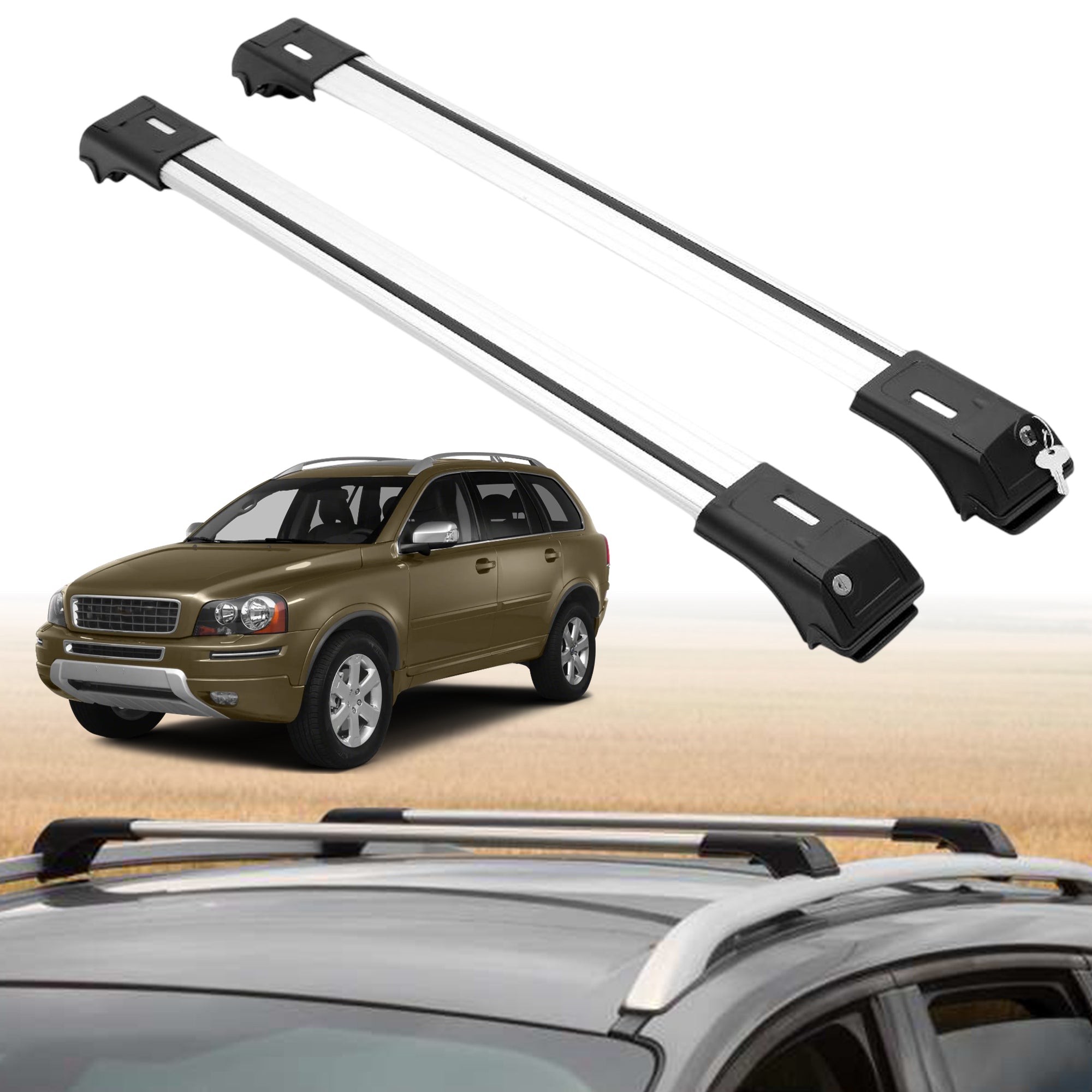 Roof Rack Crossbars for Volvo XC90 2003-2014 Fits Raised Rails - Silver