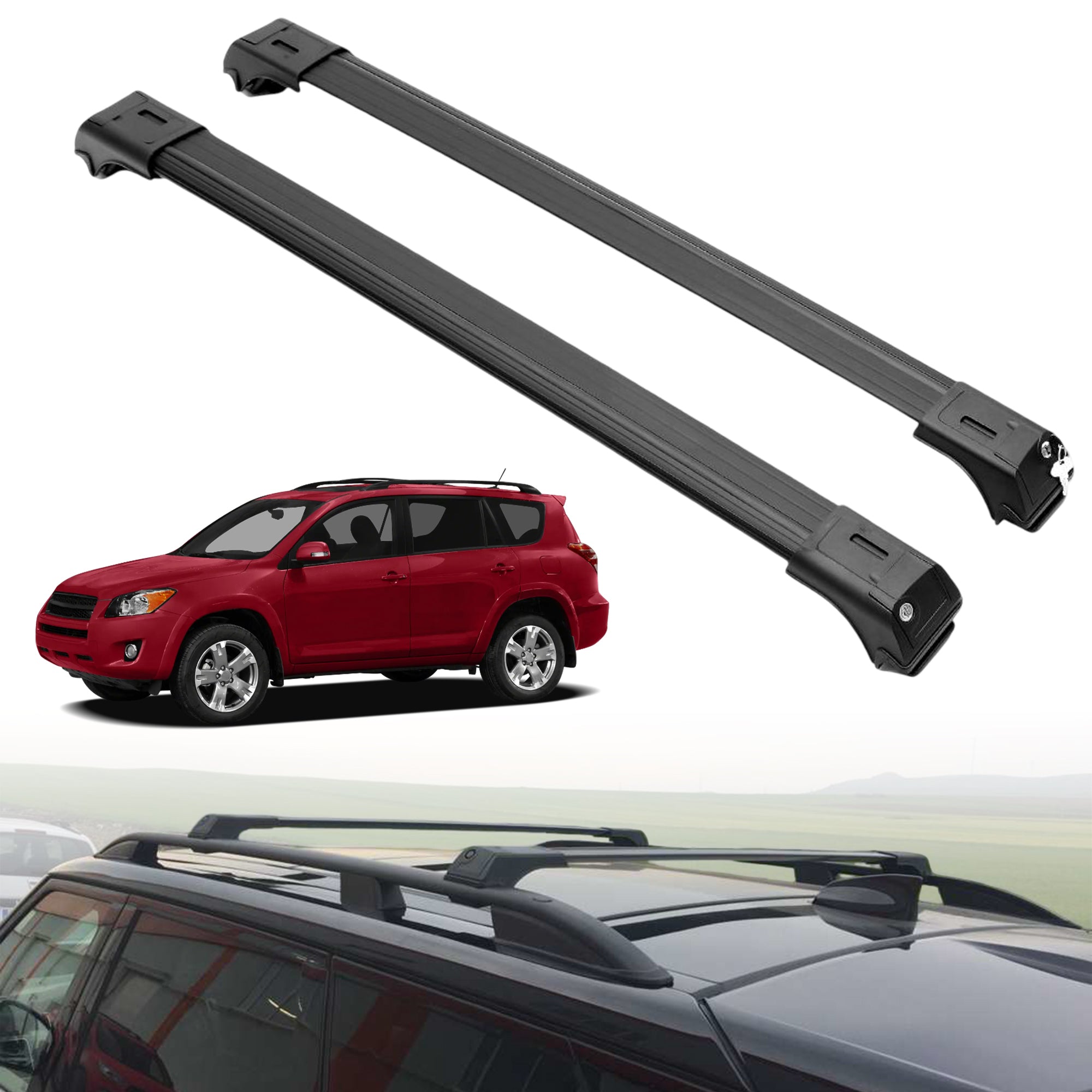 Roof Rack Crossbars for Toyota RAV4 2007-2012 Fits Raised Rails - Black