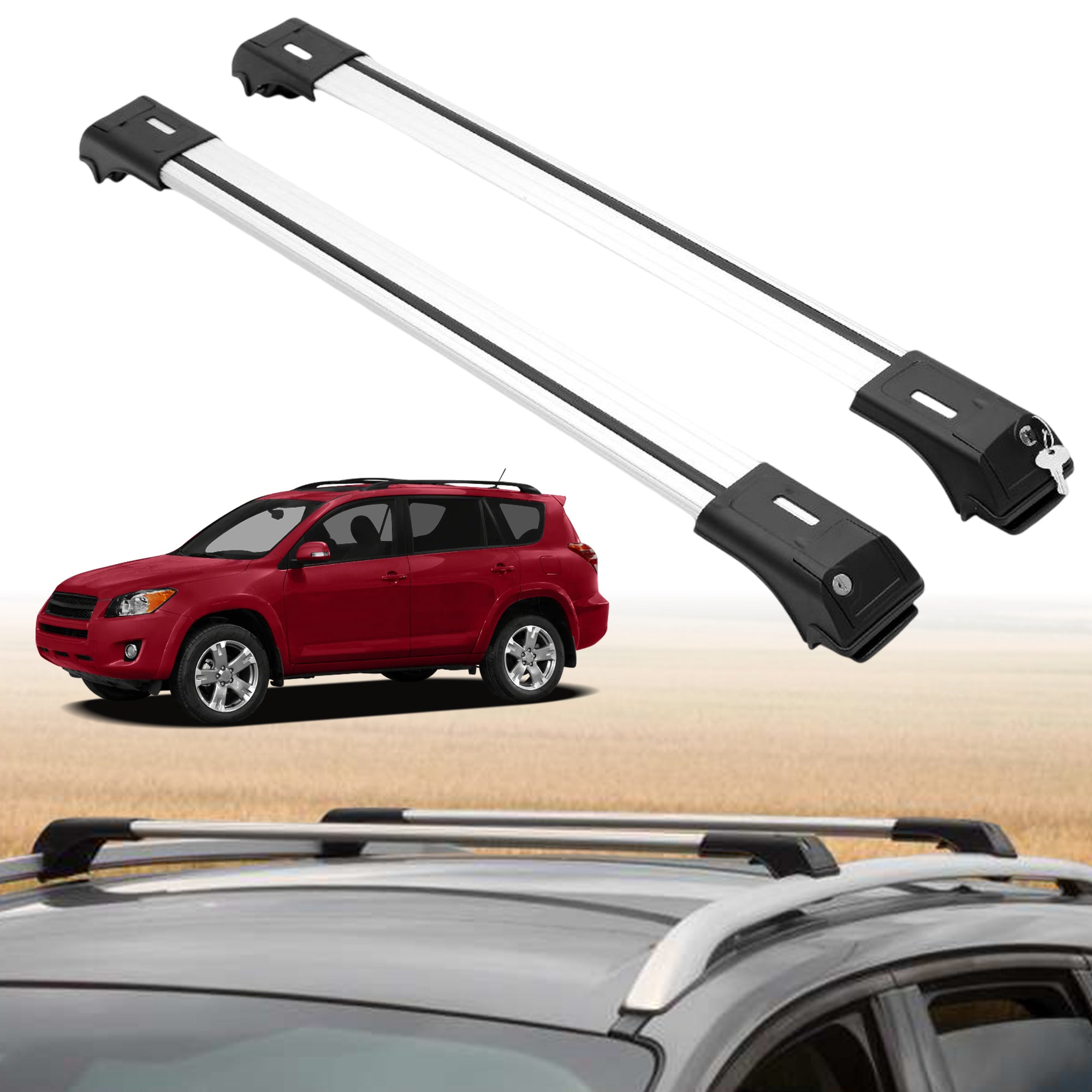 Roof Rack Crossbars for Toyota RAV4 2007-2012 Fits Raised Rails - Silver