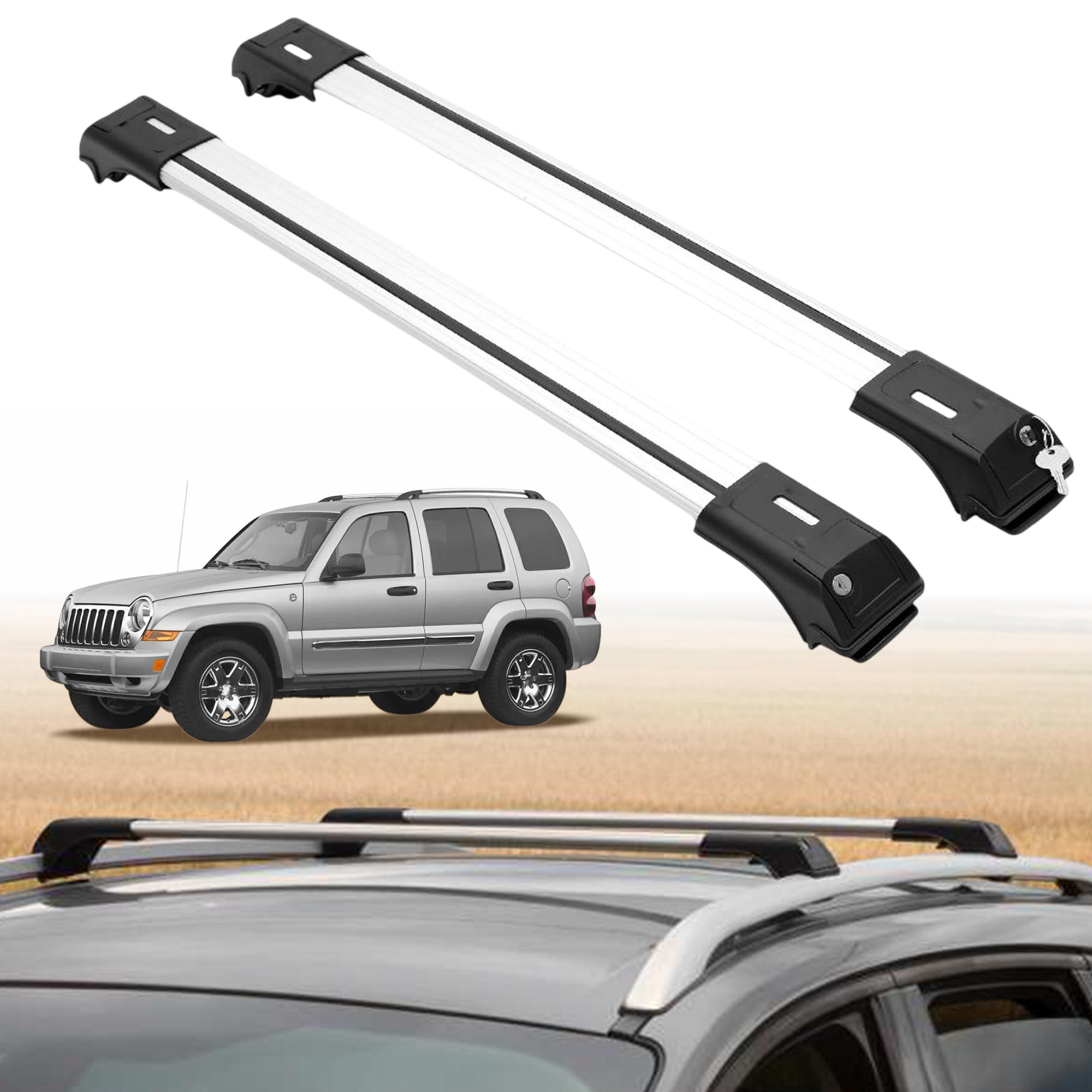 Roof Rack Crossbars for Jeep Liberty 2002-2007 Fits Raised Rails - Silver