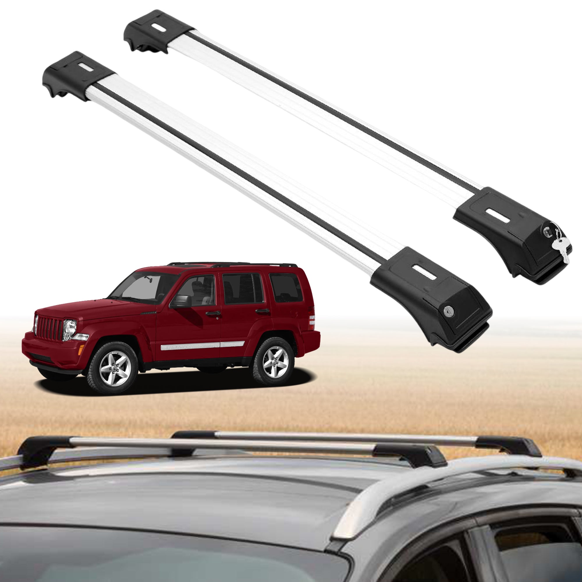Roof Rack Crossbars for Jeep Liberty 2008-2012 Fits Raised Rails - Silver