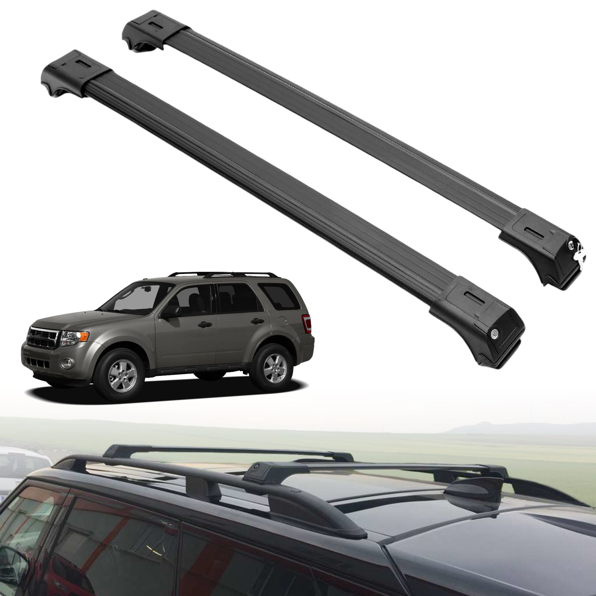 Roof Rack Crossbars for Ford Escape 2008-2012 Fits Raised Rails - Black