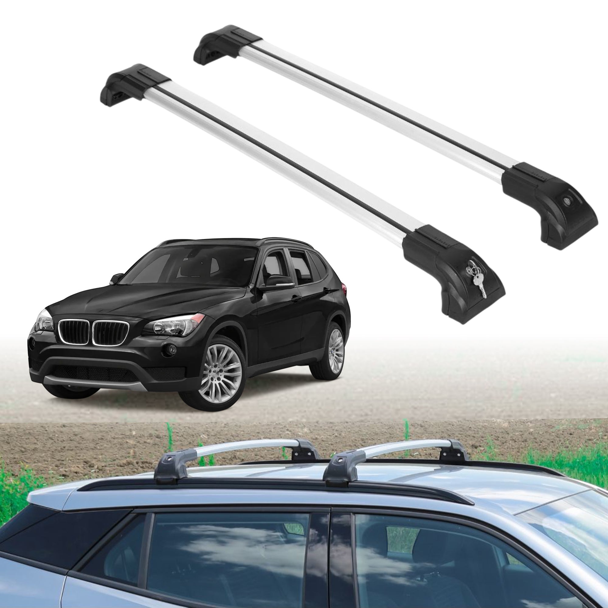 220 lbs Roof Rack Crossbars for BMW X1 2013-2015 Fits Flush Rails - Silver
