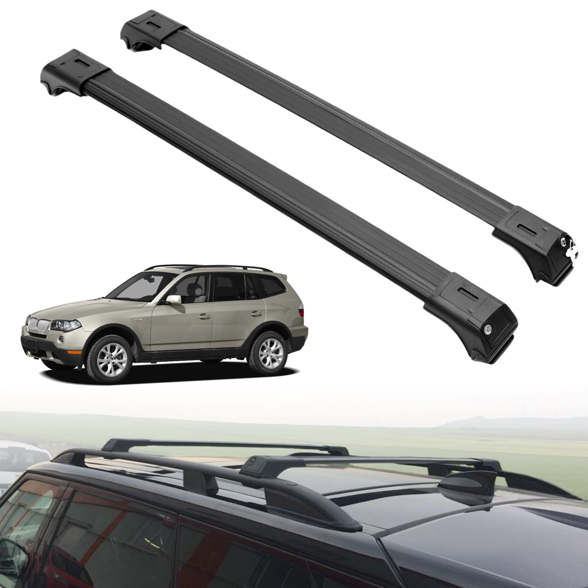 Roof Rack Crossbars for BMW X3 2004-2010 Fits Raised Rails - Black