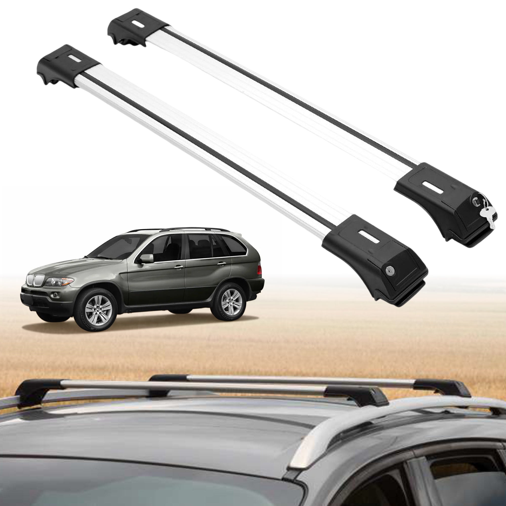 Roof Rack Crossbars for BMW X5 2000-2006 Fits Raised Rails - Silver