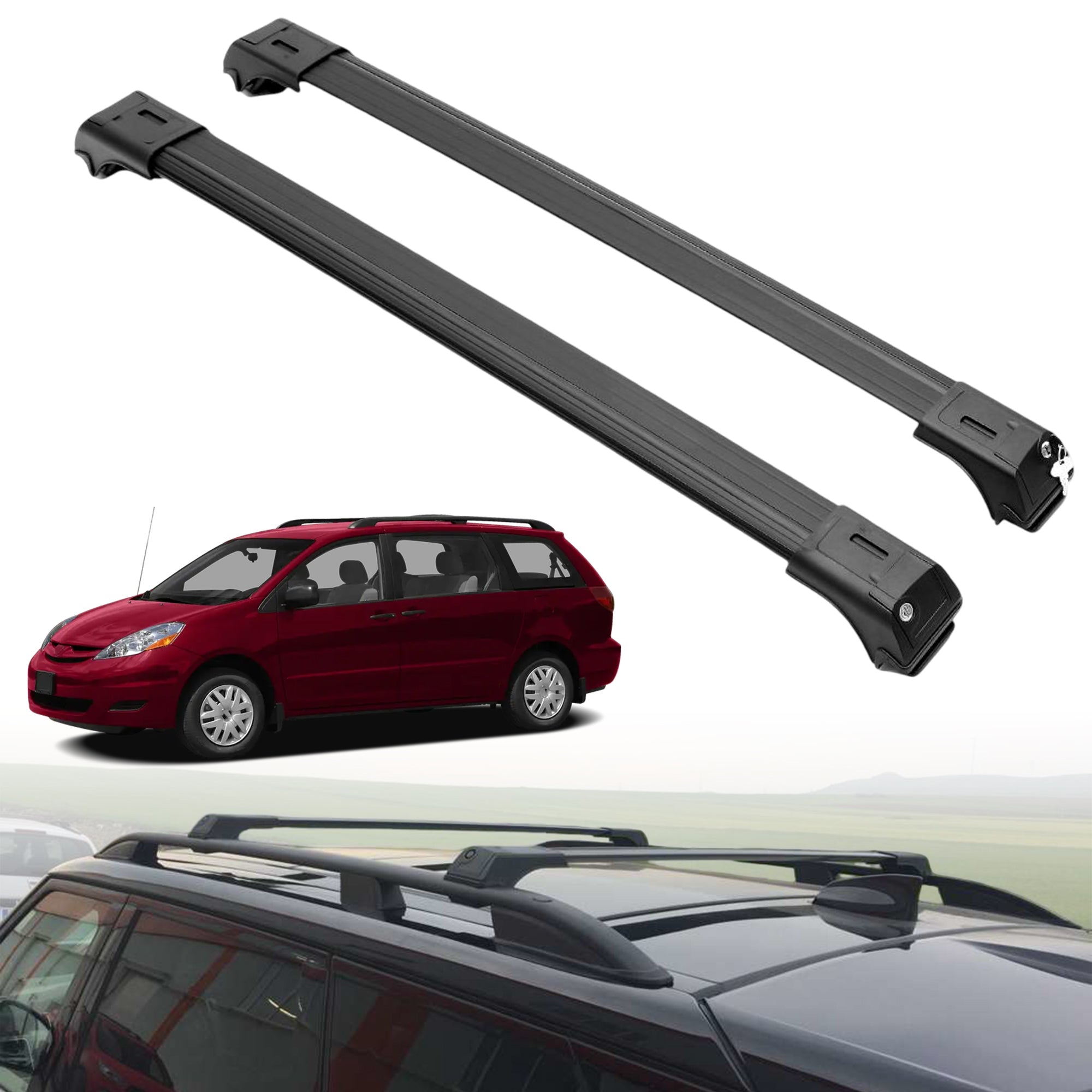 Roof Rack Crossbars for Toyota Sienna 2004-2010 Fits Raised Rails - Black