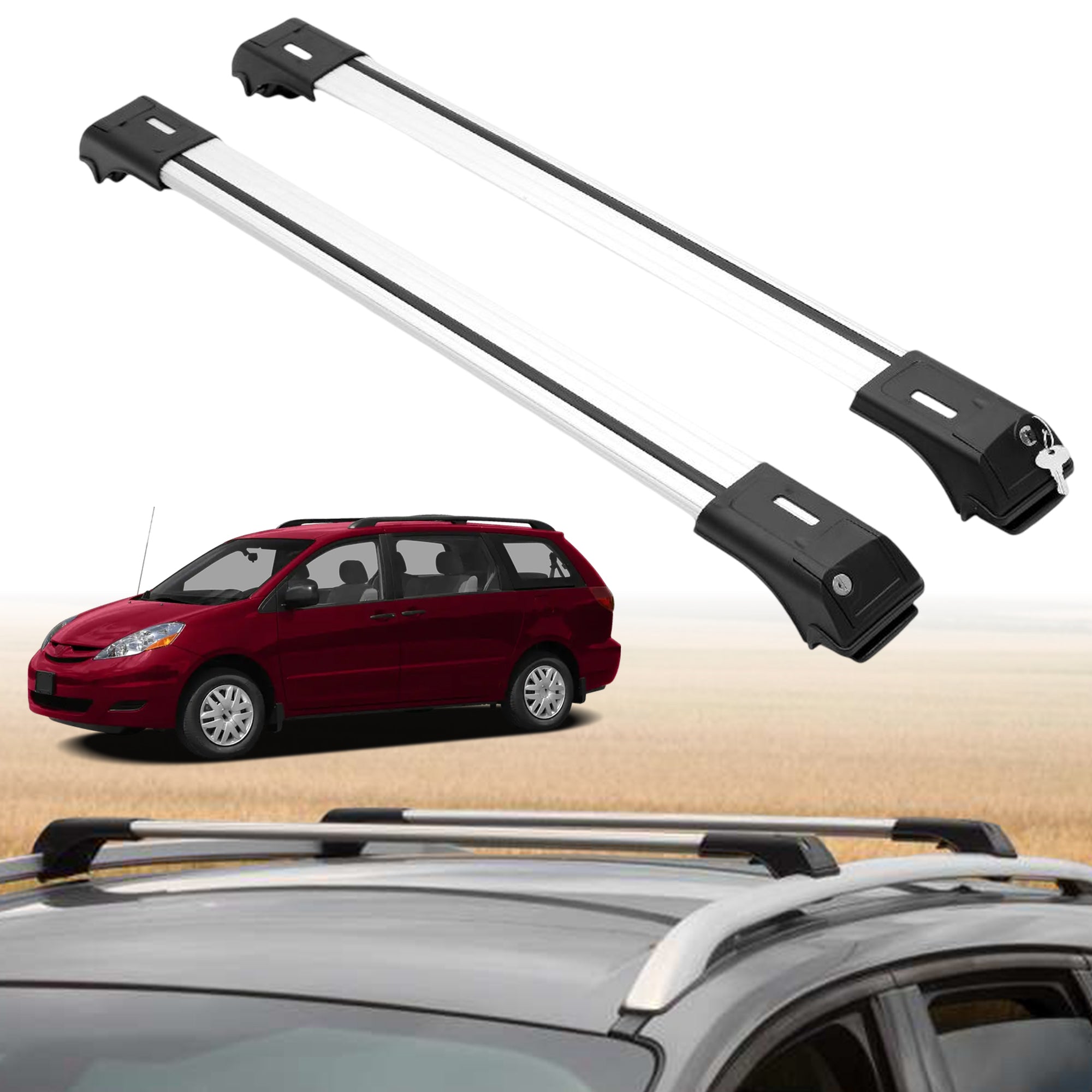 Roof Rack Crossbars for Toyota Sienna 2004-2010 Fits Raised Rails - Silver