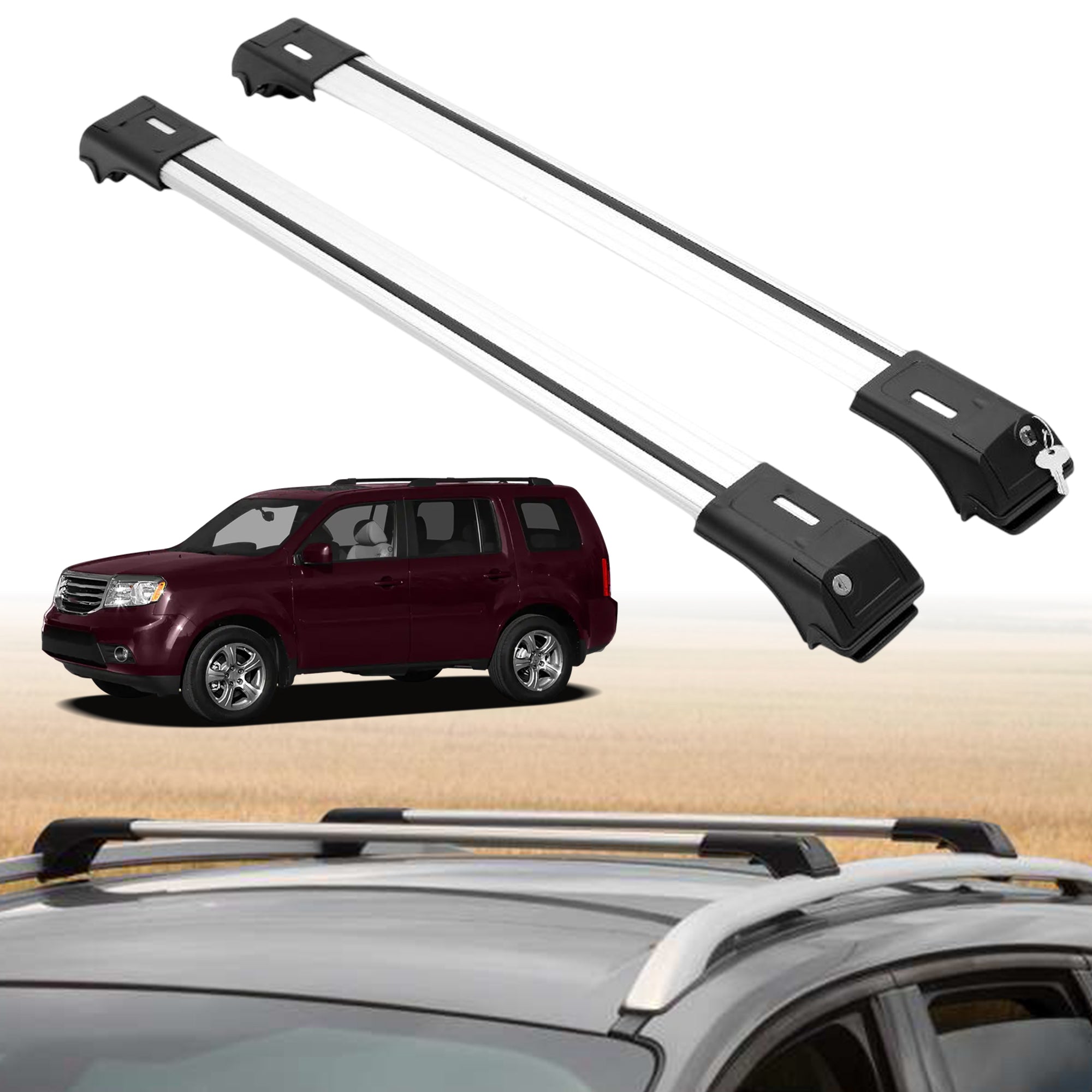 Roof Rack Crossbars for Honda Pilot 2009-2015 Fits Raised Rails - Silver