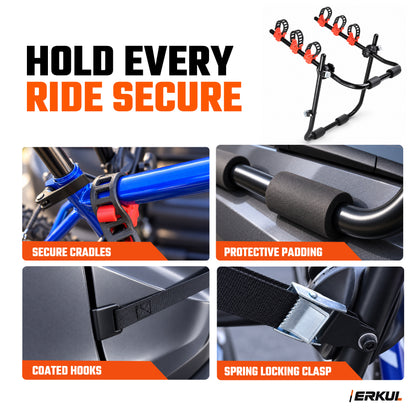 ERKUL EasyRide 3-Bike Trunk Rack for Sedan Hatchback SUV, Tool-Free Mount