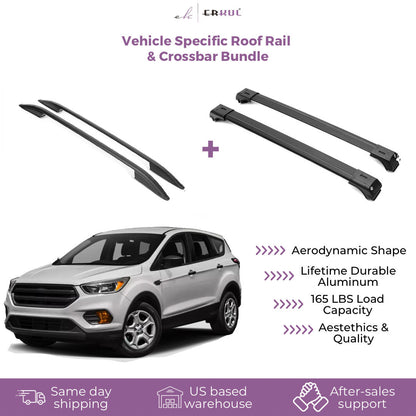 ERKUL Set of Roof Side Rails Rack + Cross Bars for Ford Escape 2013-2019 | Complete Roof Rack System | Rooftop Luggage Carrier | Designed for Bare Roofs | Black