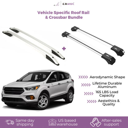 ERKUL Set of Roof Side Rails Rack + Cross Bars for Ford Escape 2013-2019 | Complete Roof Rack System | Rooftop Luggage Carrier | Designed for Bare Roofs | Silver