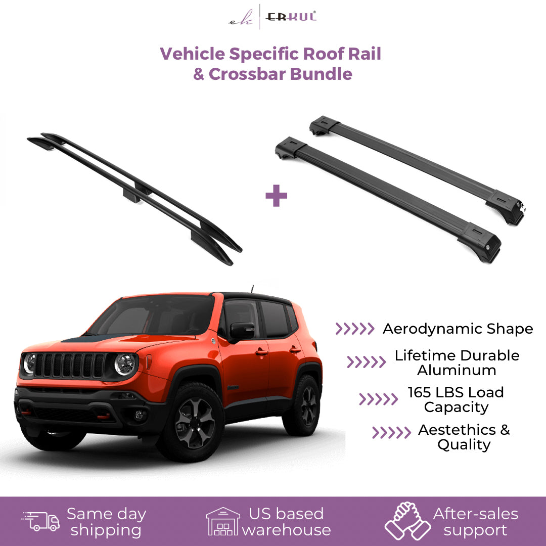 ERKUL Set of Roof Side Rails Rack & Cross Bars for Jeep Renegade 2015-2025 Black