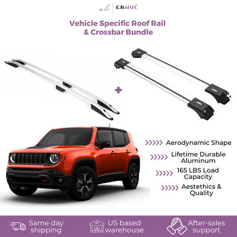ERKUL Set of Roof Side Rails Rack + Cross Bars for Jeep Renegade 2015-2023 | Complete Roof Rack SystemEnhanced Cargo | Rooftop Luggage CarrierKayakCanoeSki | Designed for Bare Roofs | Silver